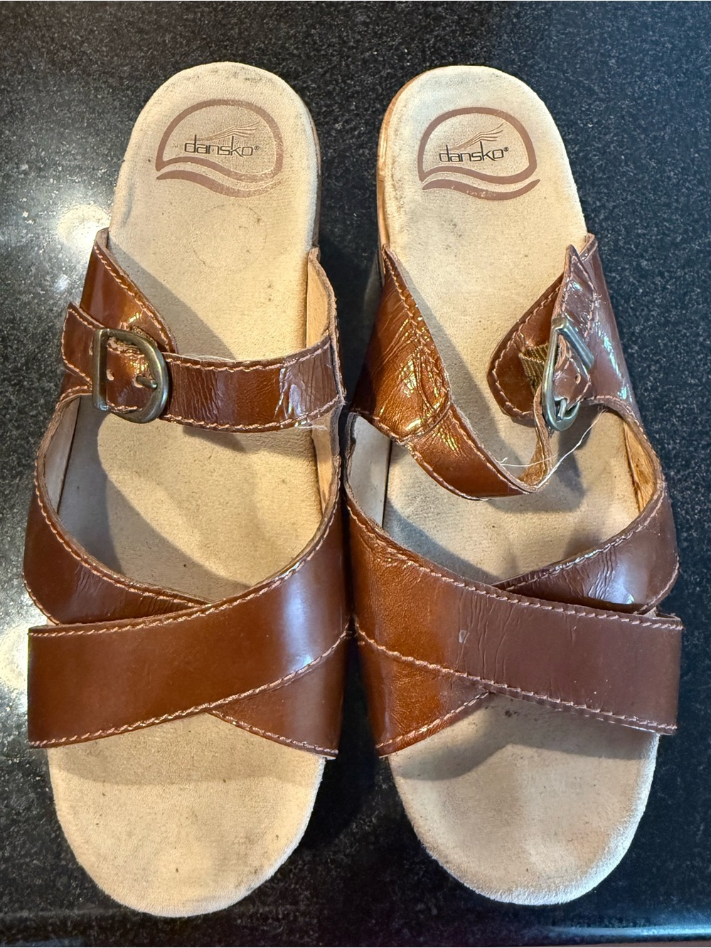 Dansko Brown Leather Cross-Strap Slide Sandals